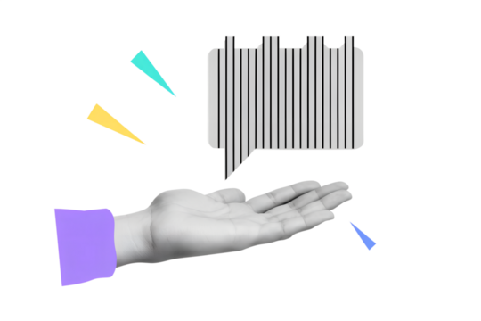 Hand holds speech bubble with a voice message. Modern collage style. Illustration on transparent background