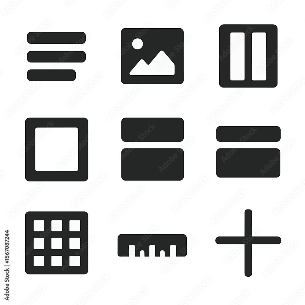 Poster layout icons grid. solid, filled icon set of layout elements: text block, image box, column, margin,