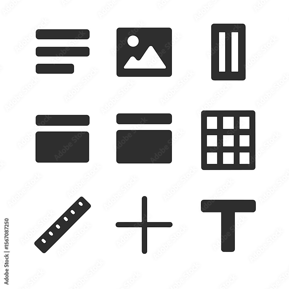Poster layout icons grid. solid, filled icon set of layout elements: text block, image box, column, margin,