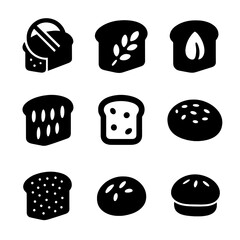 Healthy Bread Icons. Solid, filled icon set of healthy bread alternatives: gluten-free loaf, oat bread, flaxseed bread, almond