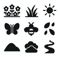 Blooming Fields Icons. Solid, filled icons set of blooming fields: flower patch, grass, sun, butterfly, bee,