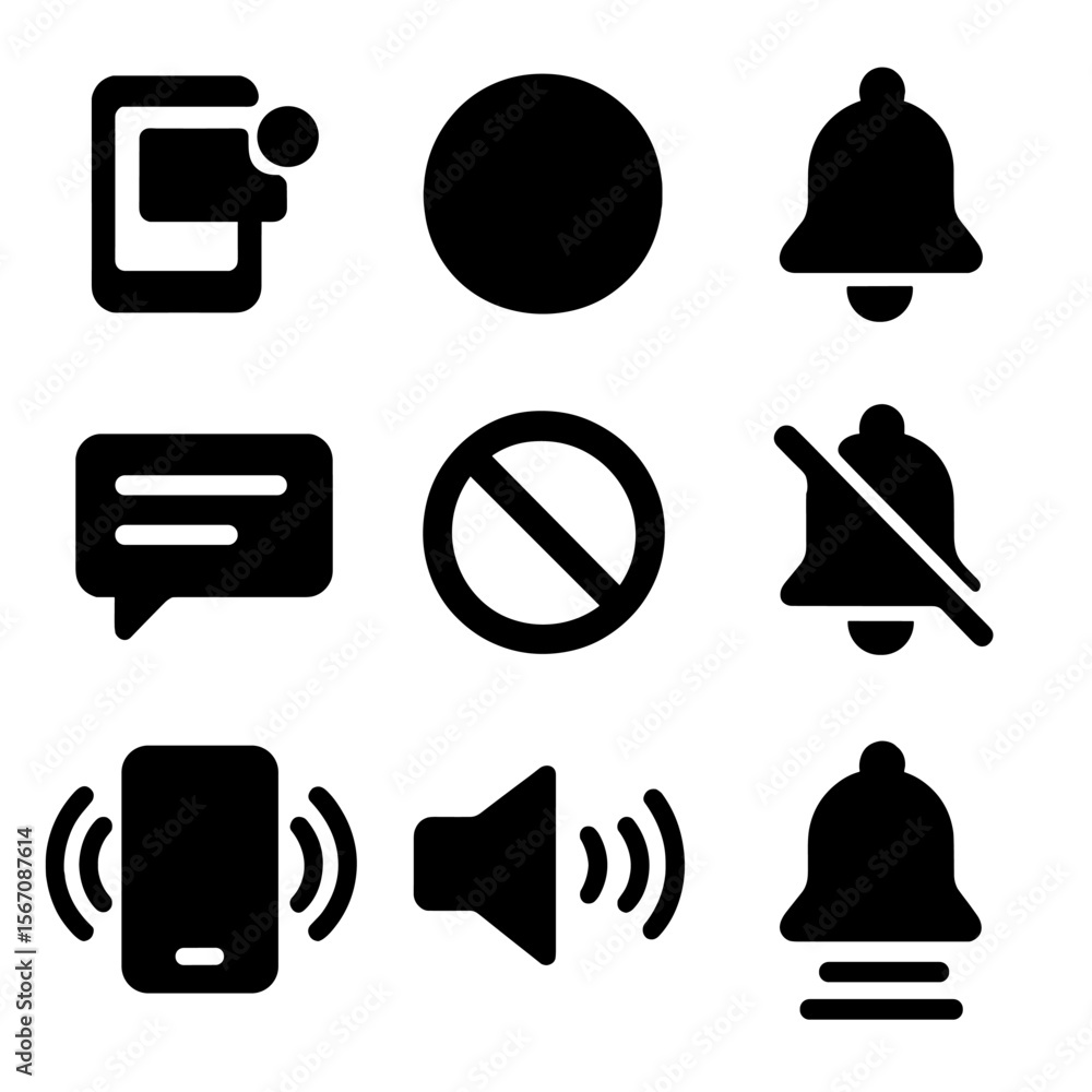 Poster notification icon set. solid, filled icon set of notification types: push notification, badge icon, 