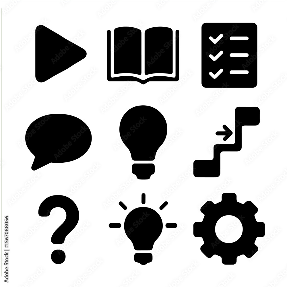 Poster how-to icons grid. solid, filled icon set of how-to tutorials: play button, open book, checklist, ge
