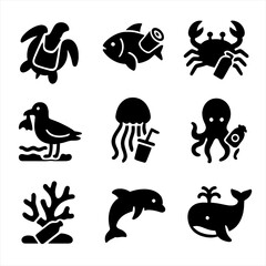 Marine Life Icons. Solid, filled icon set of marine life affected by pollution: sea turtle, fish, crab, seagull, jellyfish,