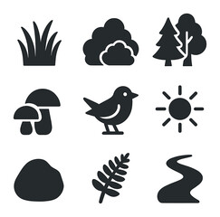 Forest Edge Icons. Solid, filled icons set of forest edge: tall grass, bushes, trees, mushrooms, bird,