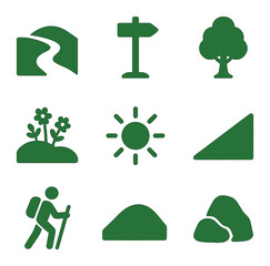 Green Hills Icons. Solid, filled icons set of green hills and trails: walking path, trail marker, tree icon,