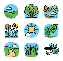Fototapeta premium Spring Landscape Icons. Solid, filled icons set of spring landscapes: green field, blossom tree, butterflies,