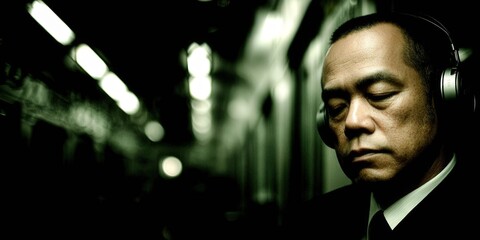Man with headphones rides the Subway at Night in New York City