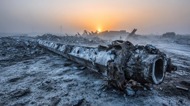 Desolate Industrial Ruins at Dusk with Sun Setting in Background