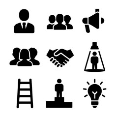 Inclusive Leadership Icons. Solid, filled icon set of inclusive leadership: leader, group, megaphone, diversity, handshake,