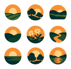 Sunset Landscape Icons. Solid, filled icons set of sunset landscapes: green field, orange sun, silhouette