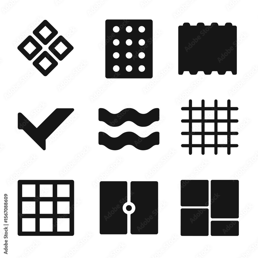 Poster metal cladding icons. solid, filled icon set of metal cladding design elements: geometric patterns, 