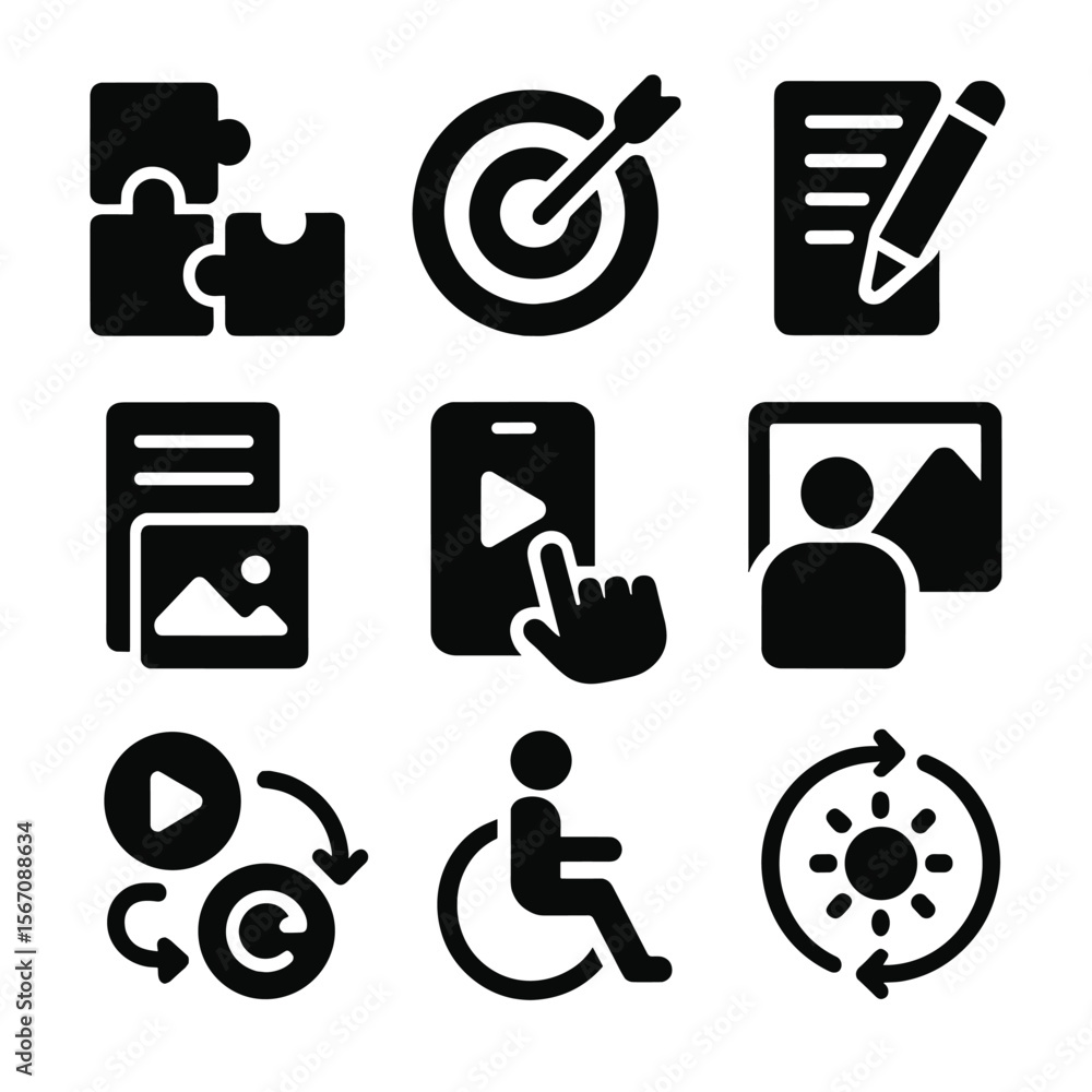 Aufkleber microlearning design icons. solid, filled icon set of microlearning design principles: modular conte