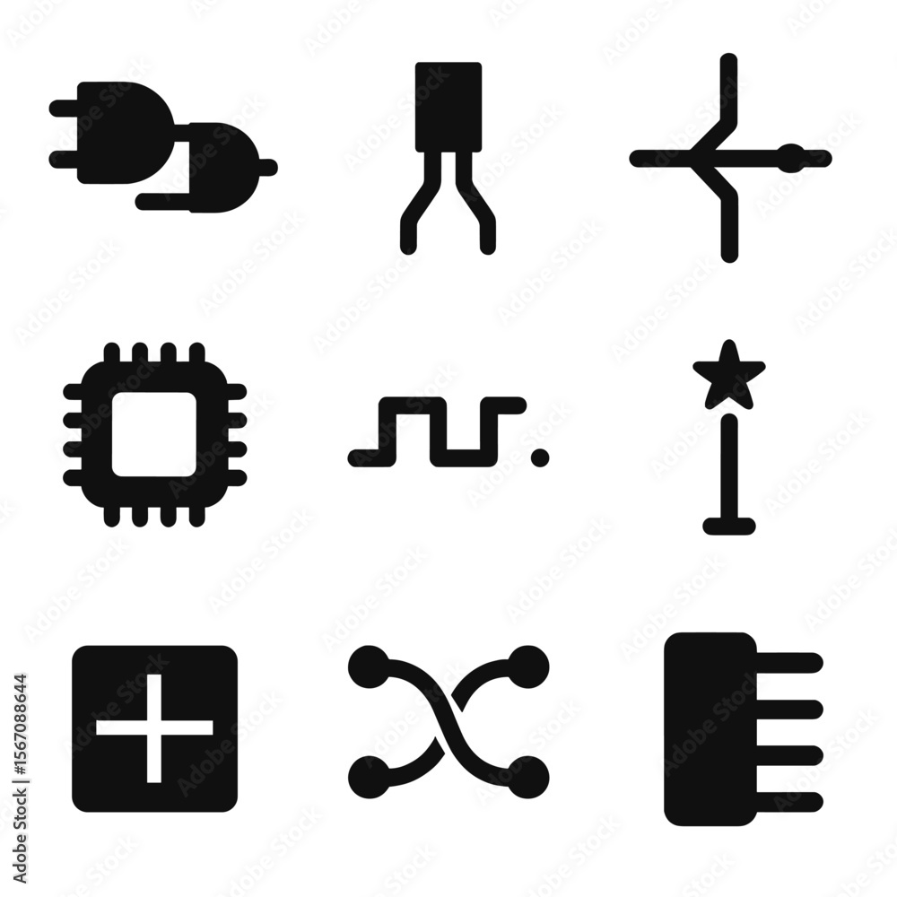 Poster microprocessor icon set. solid, filled icon set of microprocessor design: logic gates, transistor, c