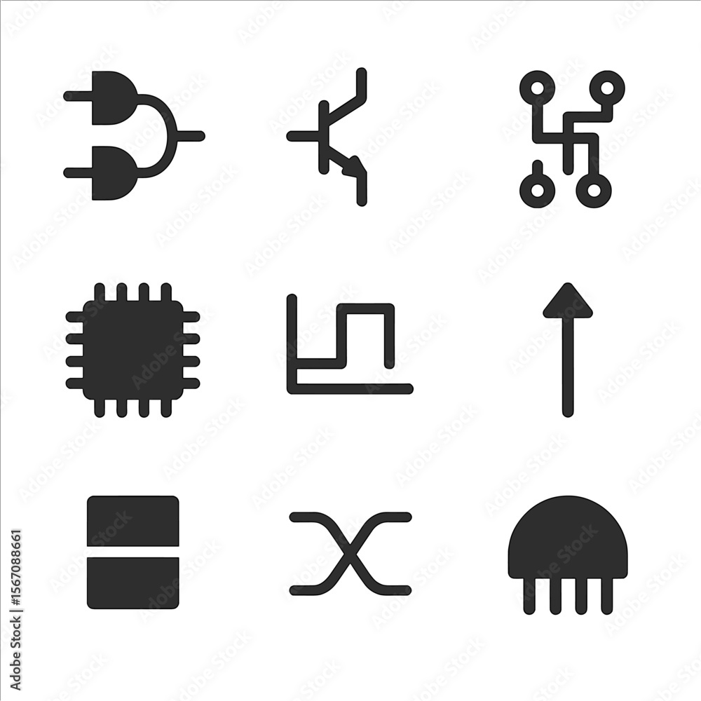 Poster microprocessor icon set. solid, filled icon set of microprocessor design: logic gates, transistor, c