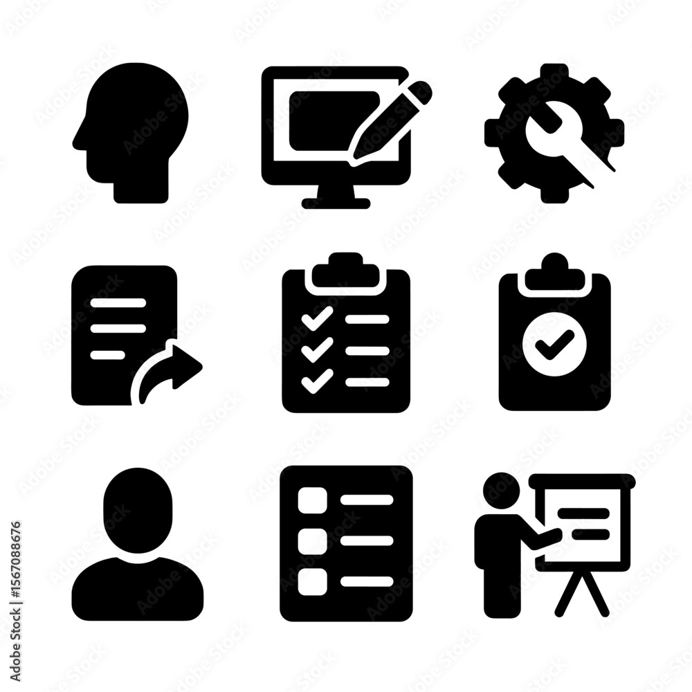 Poster instructional design icons. solid, filled icon set of instructional design process: analysis, design