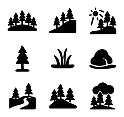 Tree-Covered Hills Icons. Solid, filled icons set of tree-covered hills: forest line, slope, sunbeam, tree