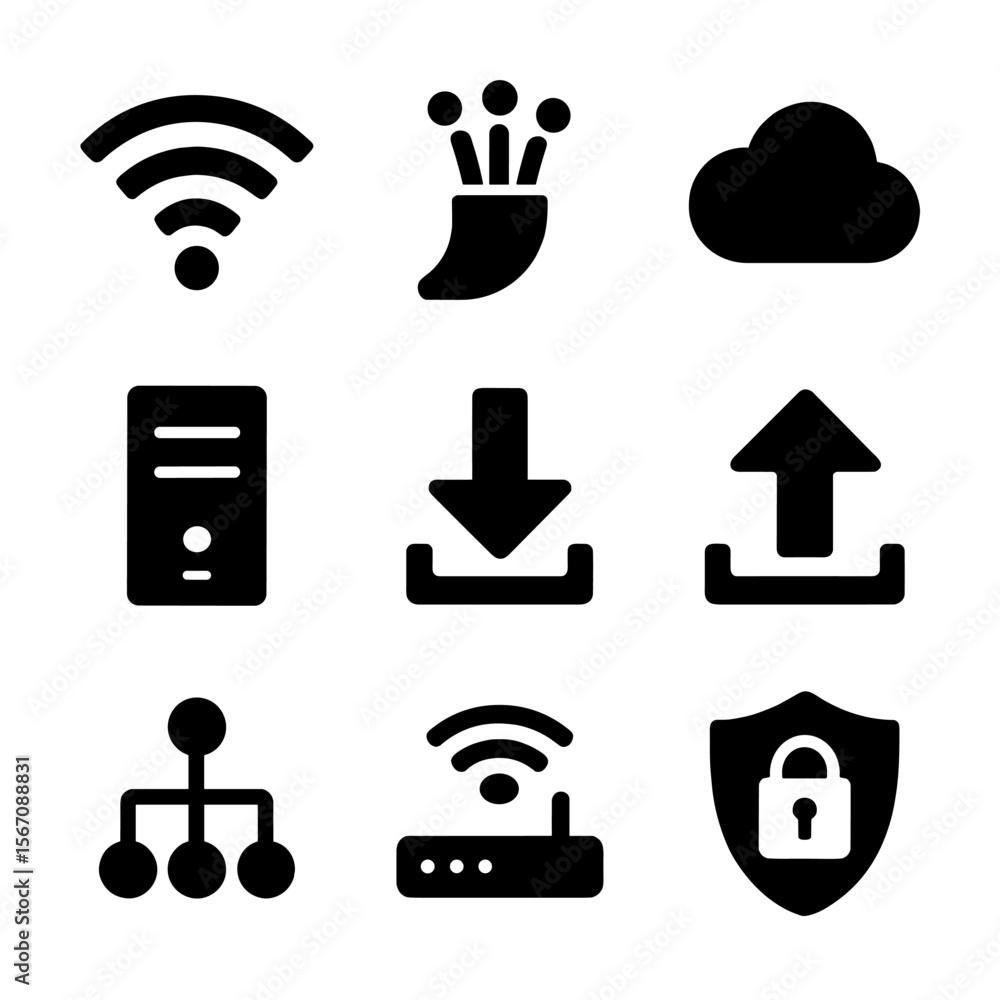 Poster internet connectivity icons. solid, filled icon set of high speed internet and data: wifi signal, fi