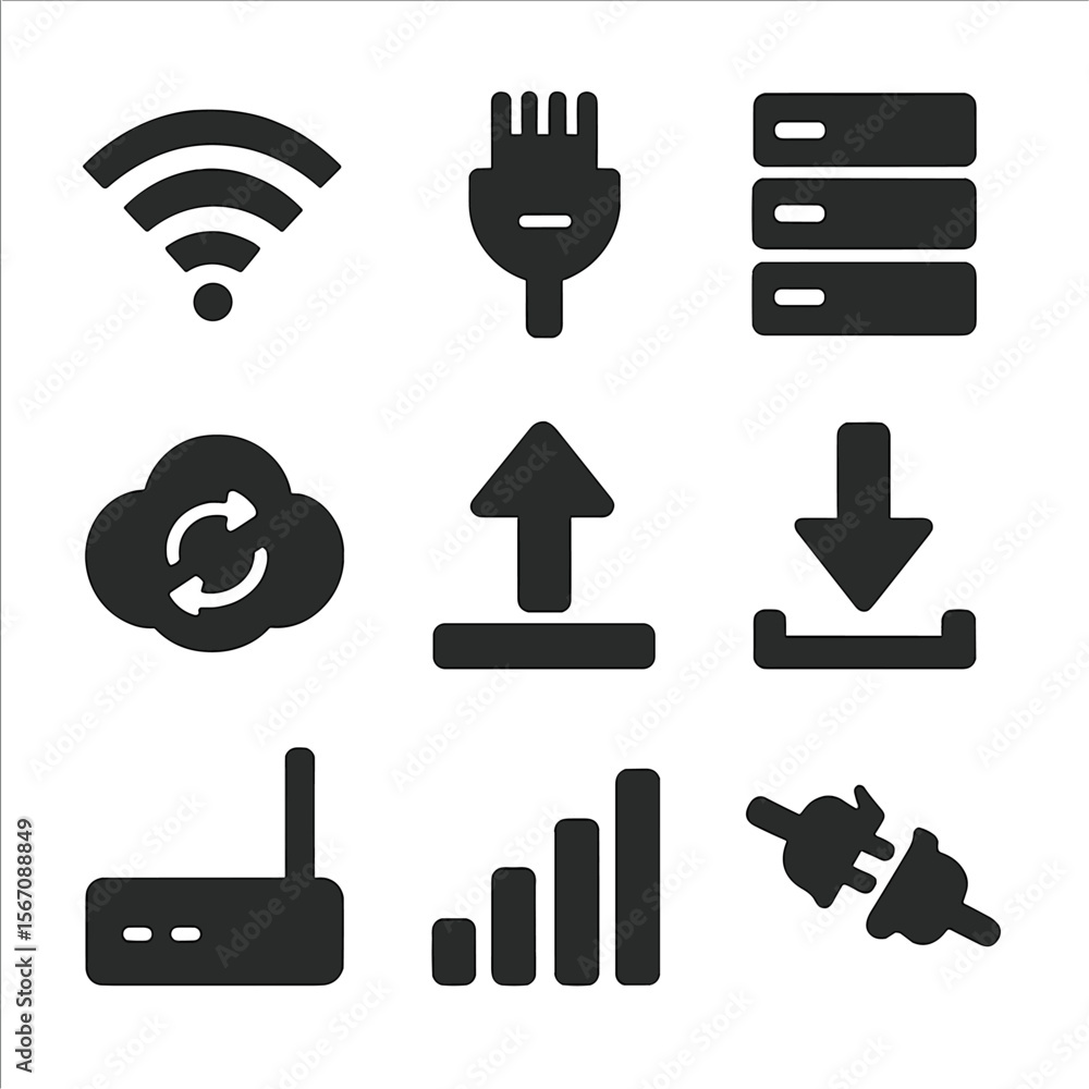 Poster internet icons grid. solid, filled icon set of internet connection: wi-fi signal, ethernet cable, se