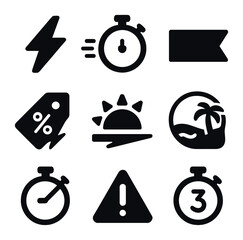 Flash Sale Icon Set. Solid, filled icons set of flash summer deals: lightning bolt, fast timer, sale banner,