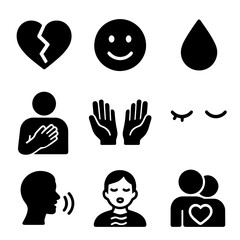 Introspection Emotions Icons. Solid, filled icon set of introspection emotions: heart with cracks, smiley face, tear drop, hand on