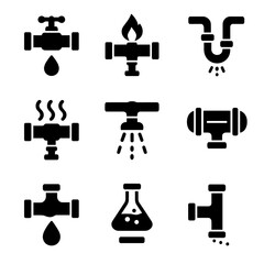 Pipe System Icons. Solid, filled icon set of pipe systems: water supply pipe, gas pipe, drainage pipe, heating pipe, sprinkler