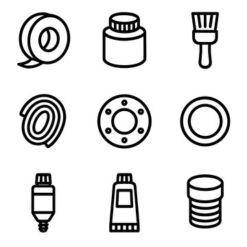 Pipe Sealing Icons. Solid, filled icon set of pipe sealing materials: PTFE tape, pipe joint compound, pipe thread sealant brush,