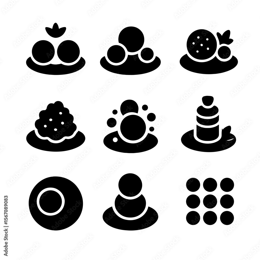 Poster plating design icons grid. solid, filled icon set of plating design concepts: balance, contrast, tex