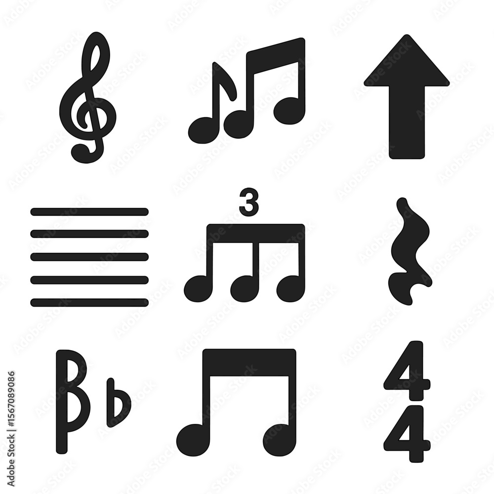 Poster jazz notation icons. solid, filled icon set of jazz notation and sheets: treble clef, swing rhythm, 