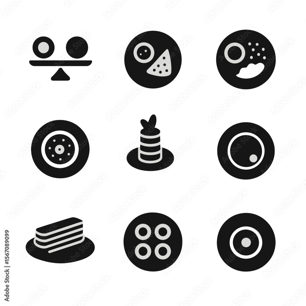 Poster plating design icons grid. solid, filled icon set of plating design concepts: balance, contrast, tex