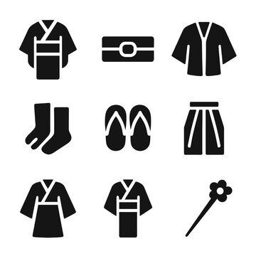 Japanese Clothing Icons. Solid, filled icon set of Japanese traditional clothing: kimono, obi belt, haori jacket, tabi socks, zori