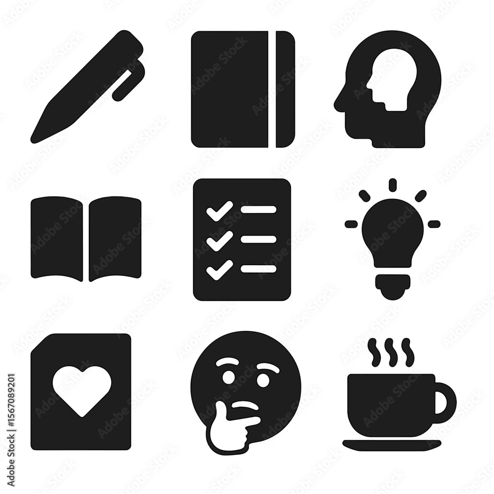 Poster journaling icons set. solid, filled icon set of journaling and introspection: pen, notebook, reflect