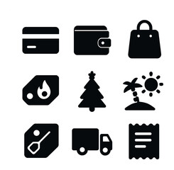 Holiday Shopping Icons. Solid, filled icons set of shopping holiday campaigns: credit card, wallet, bag, hot