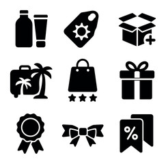 Summer Offer Icons. Solid, filled icons set of summer bundle offers: product group, kit tag, bonus icon,