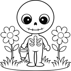 cute skeleton watering flowers  add grass and a tr.eps