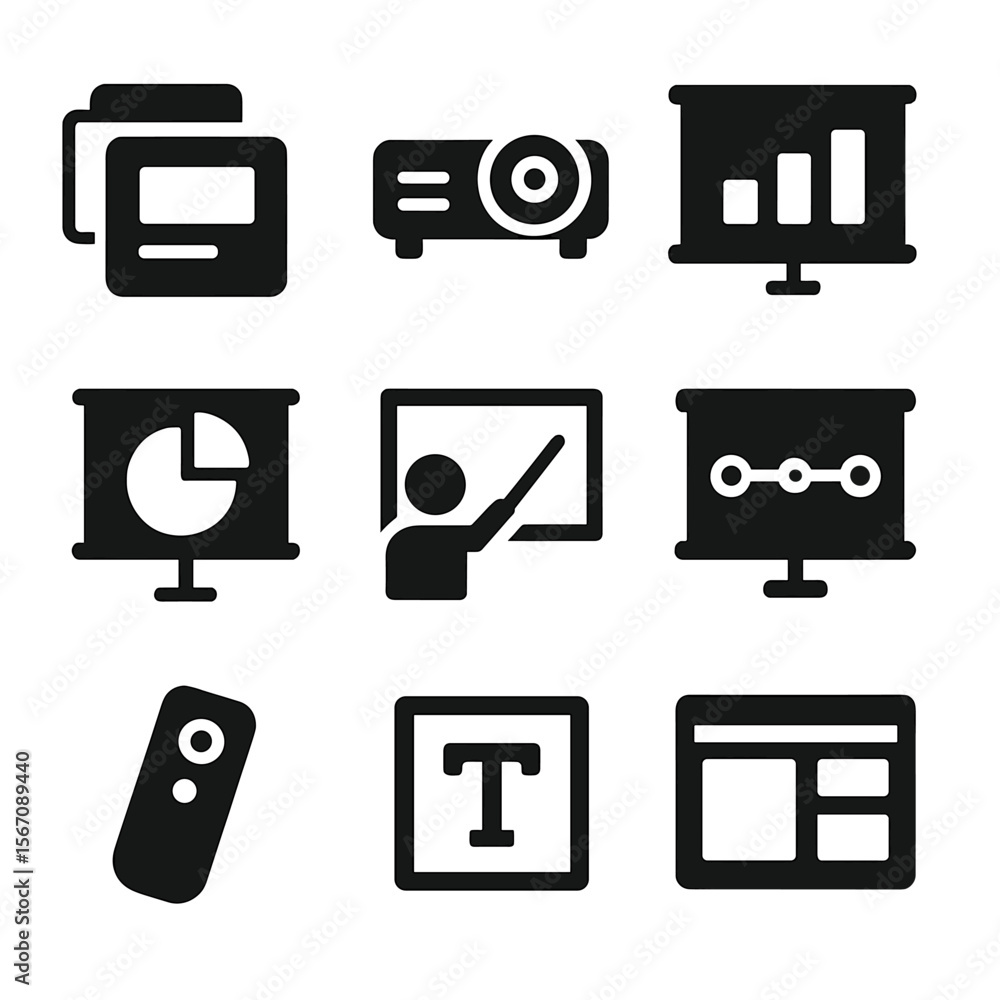 Poster presentation tools icons. solid, filled icon set of creating presentations: slides, projector, bar c