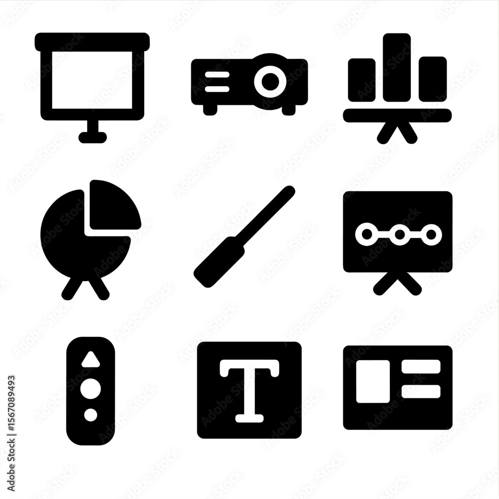 Poster presentation tools icons. solid, filled icon set of creating presentations: slides, projector, bar c