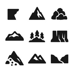 Mountain Icons Grid. Solid, filled icon set of natural mountain features: cliff edge, peak silhouette, rocky terrain, snow field,
