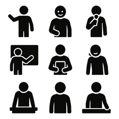 Presenter Icons Set. Solid, filled icon set of presenter body language: hand gesture, smiling, holding mic, pointing to screen,