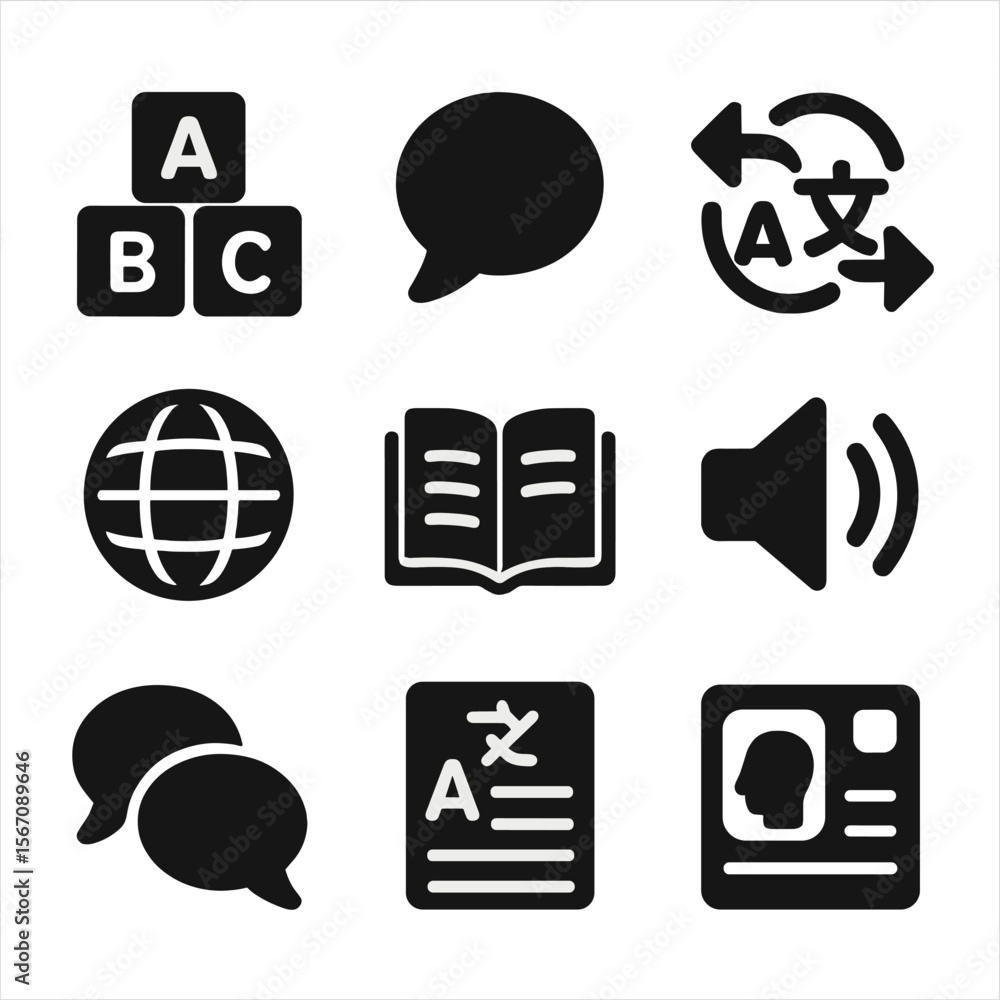 Poster language learning icons. solid, filled icon set of how to learn languages: alphabet blocks, speech b