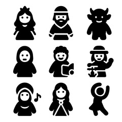 Multicultural Storytelling Icons. Solid, filled icon set of multicultural storytelling dolls: fairy tale princess, folk hero,