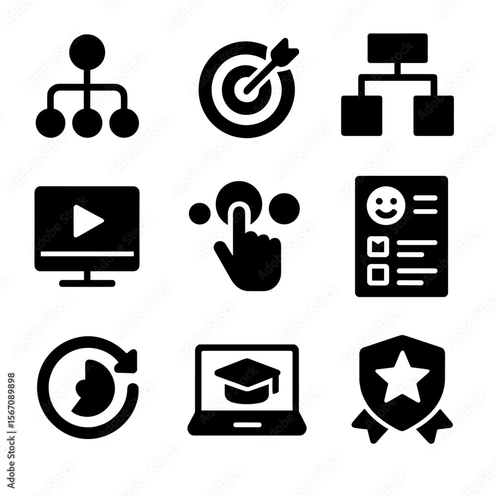 Poster learning design icons. solid, filled icon set of learning design elements: content map, learning goa