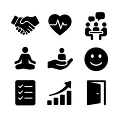 Leadership Well-Being Icons. Solid, filled icon set of workplace leadership focused on employee well-being: handshake, heart with