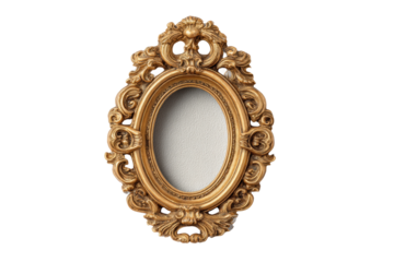 PNG Ornate vintage oval gold mirror with carved frame on black background