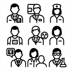 Radiology Staff Icons. Solid, filled icon set of radiology staff roles: radiologist, technician, nurse, radiology assistant,