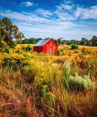 Obraz premium Red barn surrounded by colorful wildflowers in a rural landscape