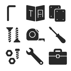 Furniture Assembly Icons. Solid, filled icons set of furniture assembly: Allen key, instruction manual, screws