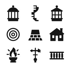 Naklejka premium Lighthouse Icon Set. Solid, filled icon set of lighthouse components: light chamber, spiral staircase, lantern room, lens,