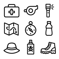 Nature Walk Essentials. Solid, filled icon set of nature walk safety: first aid kit, whistle, flashlight, map, compass, water