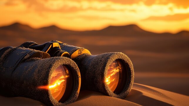 Binoculars on Sand Dunes at Sunset Over Desert Landscape